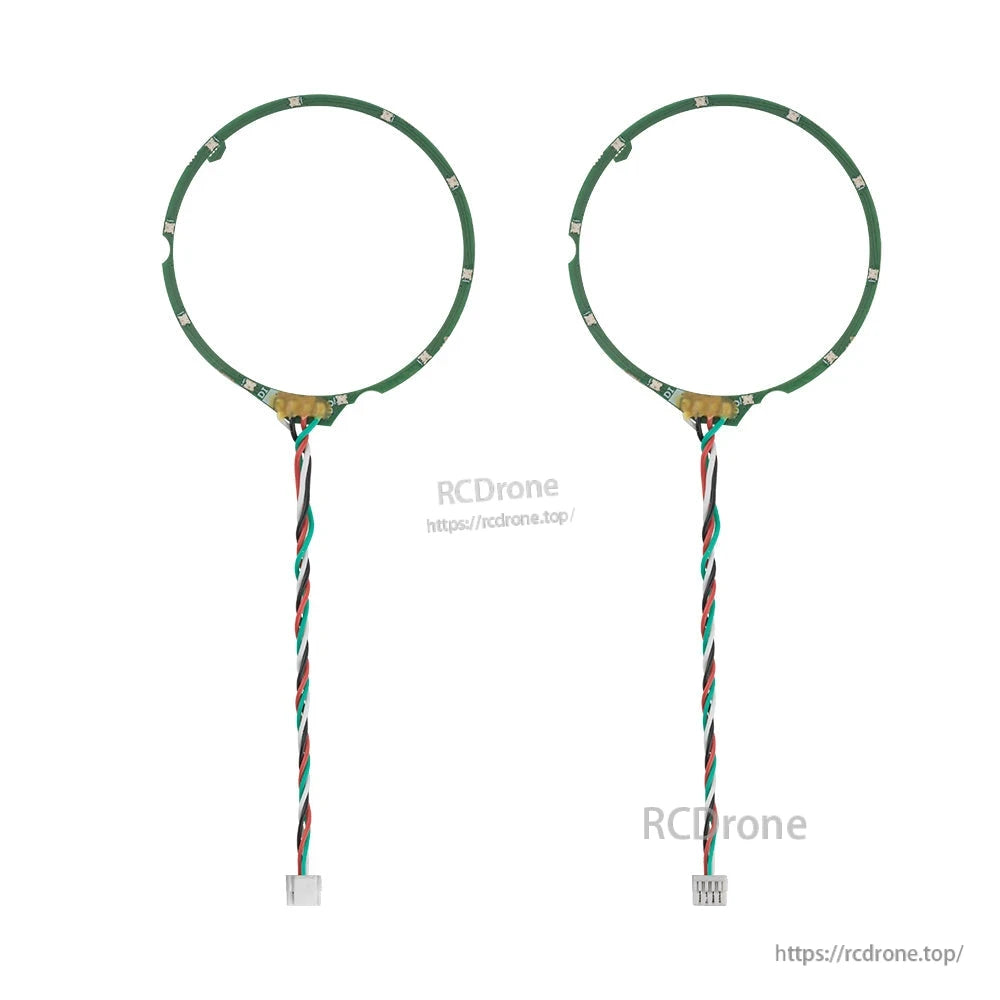 Two LED gimbal rings with long twisted leads, showing connector ends and mounting cutouts