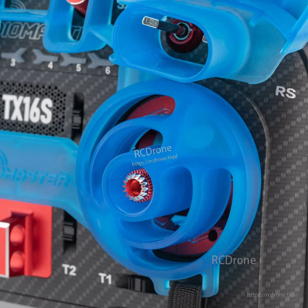 TX16S gimbal protector close-up showing stick surround coverage and strap pass-through on transmitter