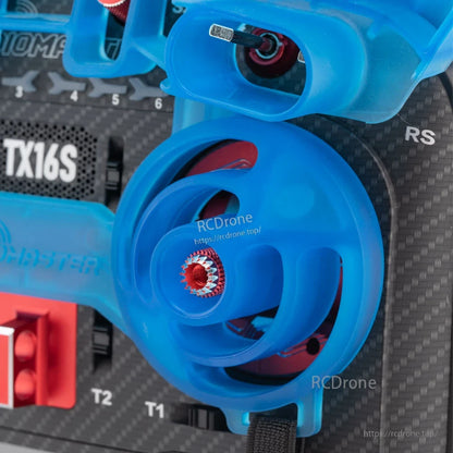 TX16S gimbal protector close-up showing stick surround coverage and strap pass-through on transmitter