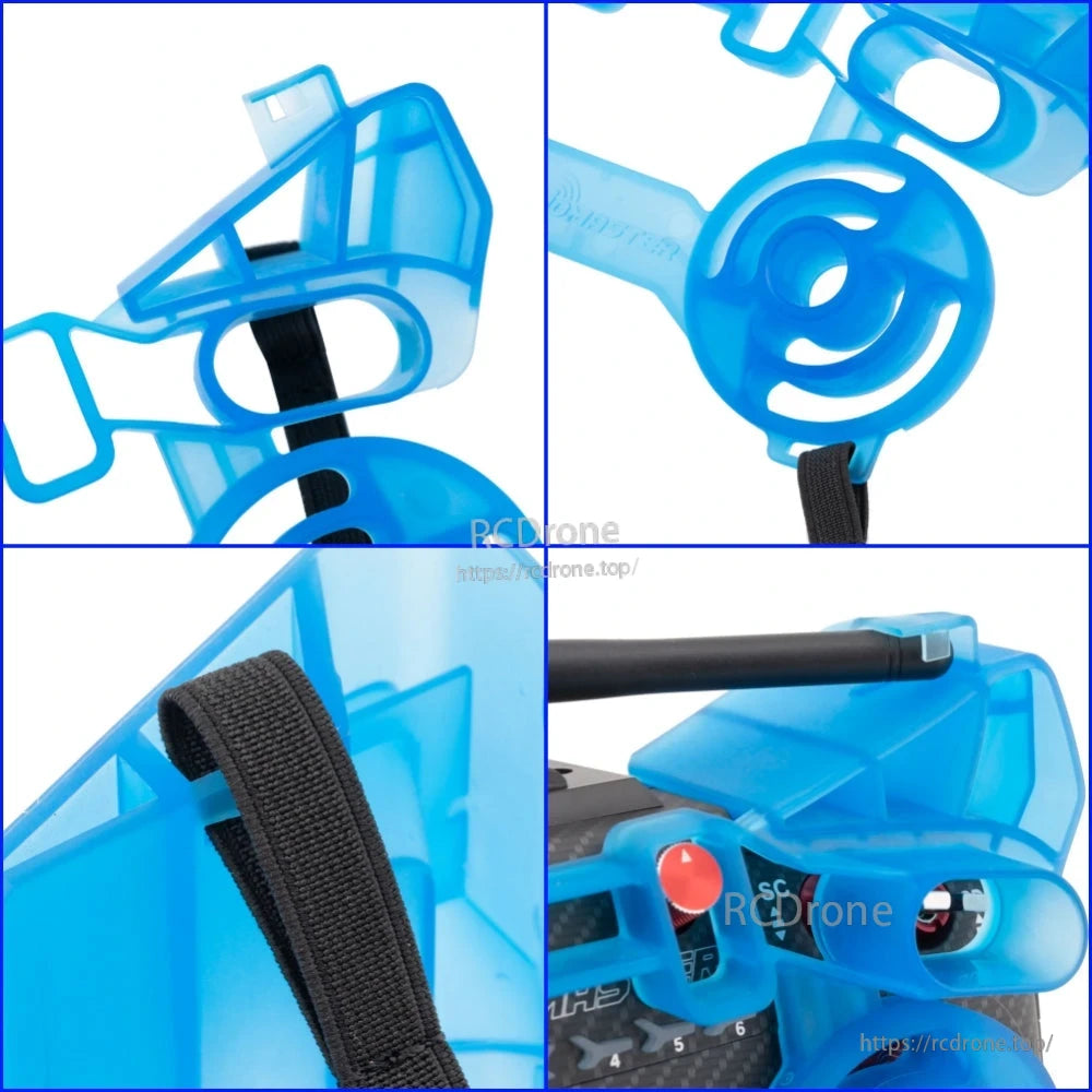 Close-up collage of TX16S gimbal and switch protector cover showing strap slots and switch guard details
