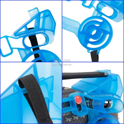 Close-up collage of TX16S gimbal and switch protector cover showing strap slots and switch guard details