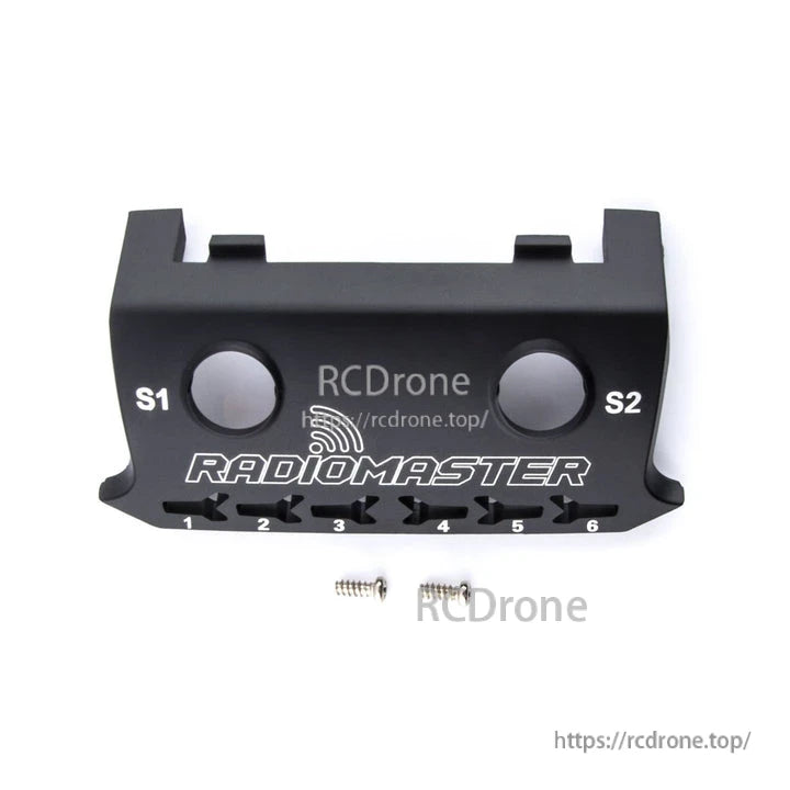 RadioMaster TX16S top switch panel with S1 and S2 cutouts, Radiomaster logo, and small spring
