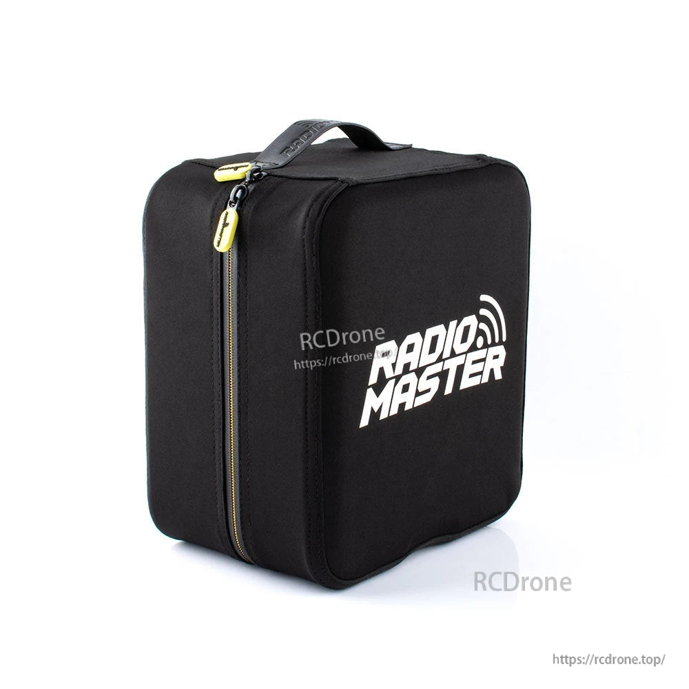 RadioMaster TX16S foam box zipper cover case with carry handle and yellow zipper pulls, side angle