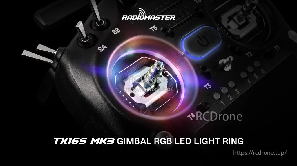 RadioMaster TX16S MK3 gimbal RGB LED light ring accessory displayed on controller gimbal