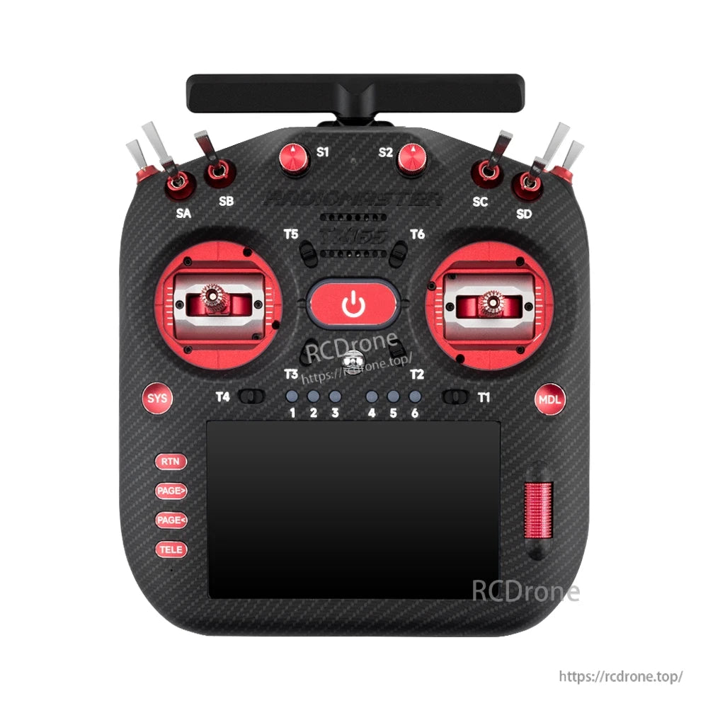 TX16S MK3 MAX front view with red gimbal plates, red buttons, and red side scroll wheel