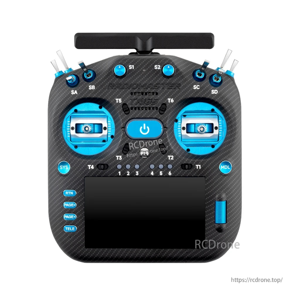 TX16S MK3 MAX front view with blue gimbal plates, blue buttons, and blue side scroll wheel