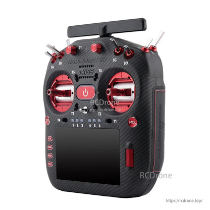 TX16S MK3 MAX angled front view showing red gimbals, top switches, and side grips