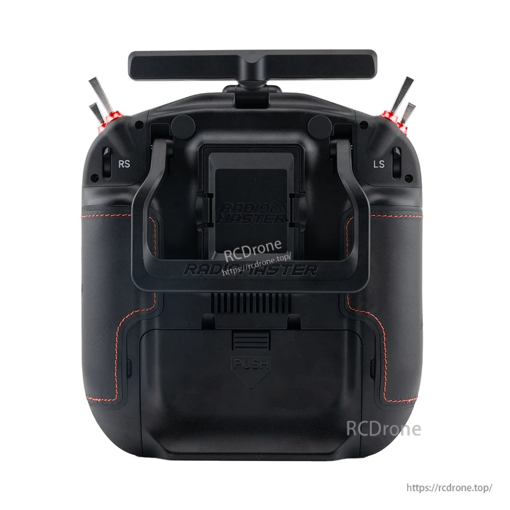 TX16S MK3 MAX rear view showing grips, rear switches (RS/LS), and battery door