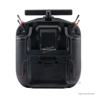 TX16S MK3 MAX rear view showing grips, rear switches (RS/LS), and battery door