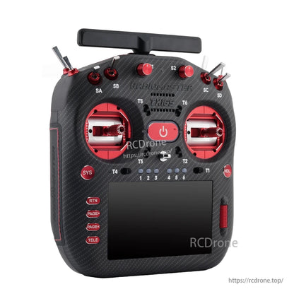 TX16S MK3 MAX three-quarter view highlighting red gimbals and front button layout