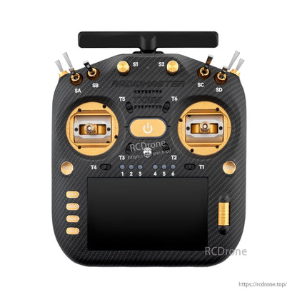 TX16S MK3 MAX front view with gold metal gimbal plates and gold buttons