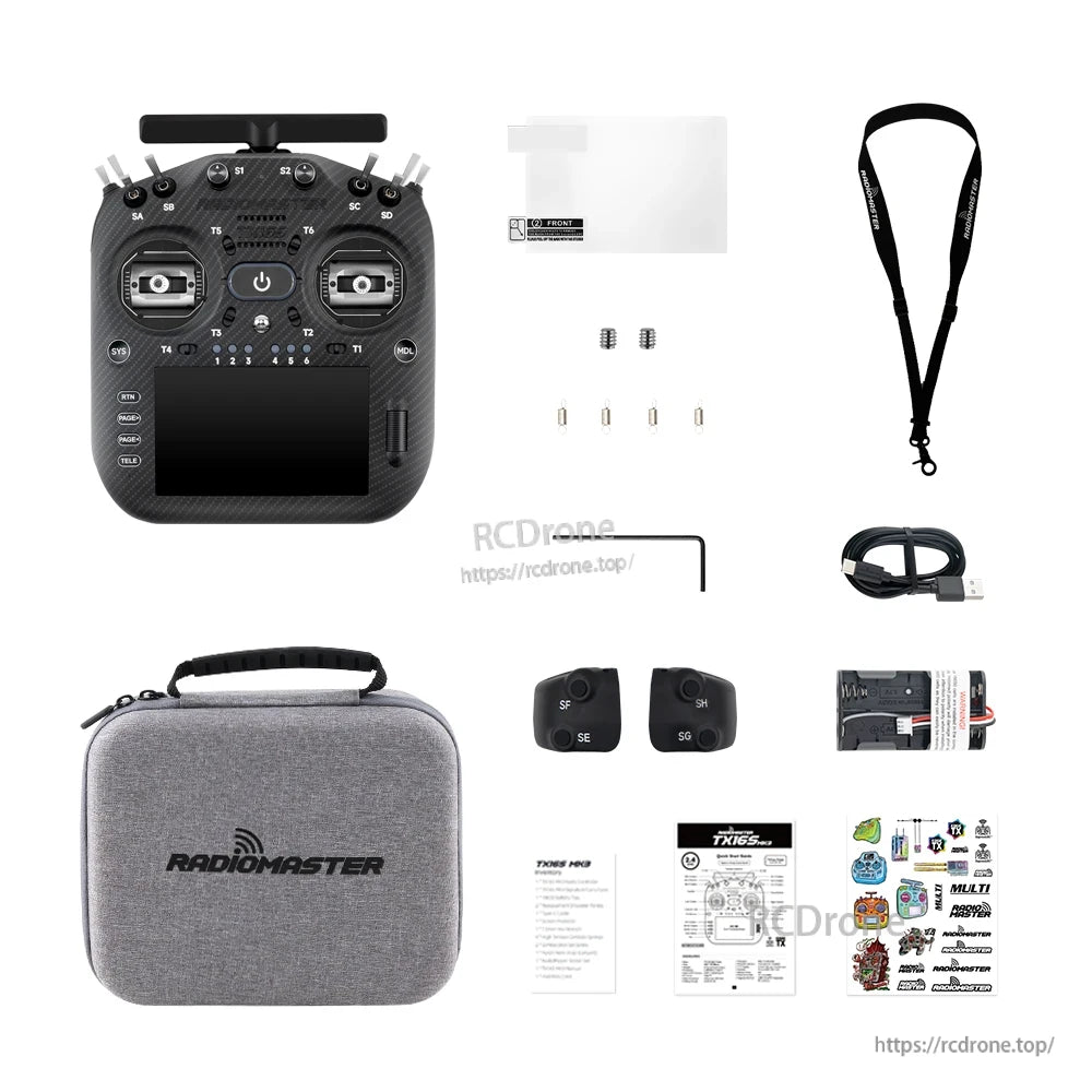 TX16S MK3 MAX package contents: transmitter, carry case, neck strap, USB cable, gimbal covers, hardware