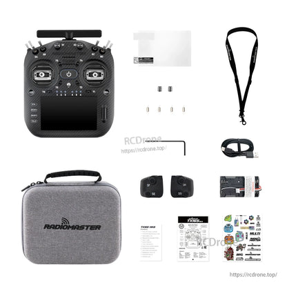 TX16S MK3 MAX package contents: transmitter, carry case, neck strap, USB cable, gimbal covers, hardware