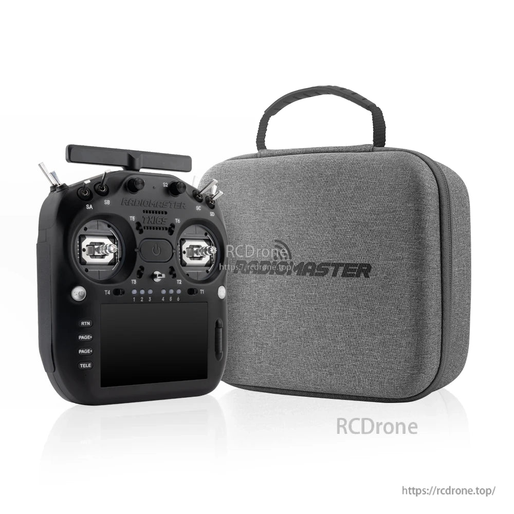 TX16S MK3 radio controller next to RadioMaster carrying case, front view