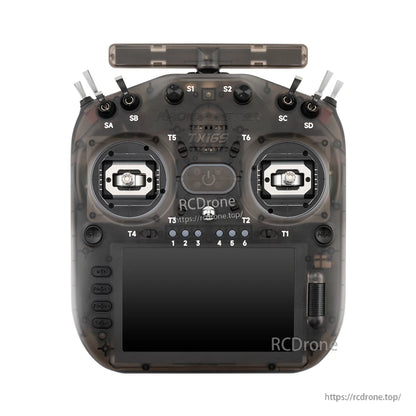 TX16S MK3 transmitter front view in transparent smoky case with dual gimbals and screen