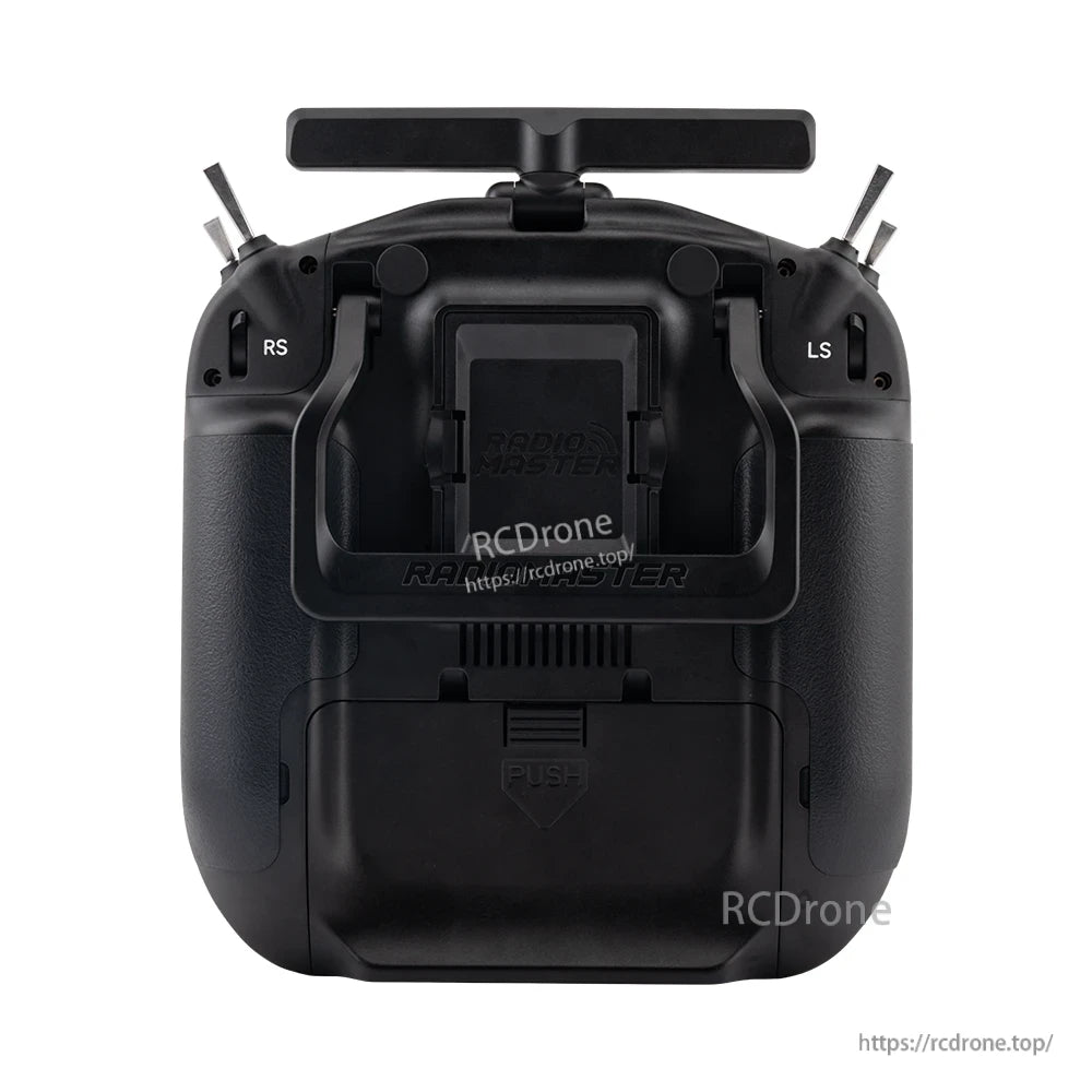 Rear view of TX16S MK3 transmitter with handle, back switches and battery cover