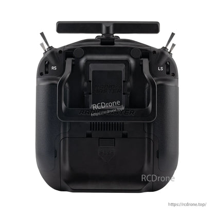 Rear view of TX16S MK3 transmitter with handle, back switches and battery cover