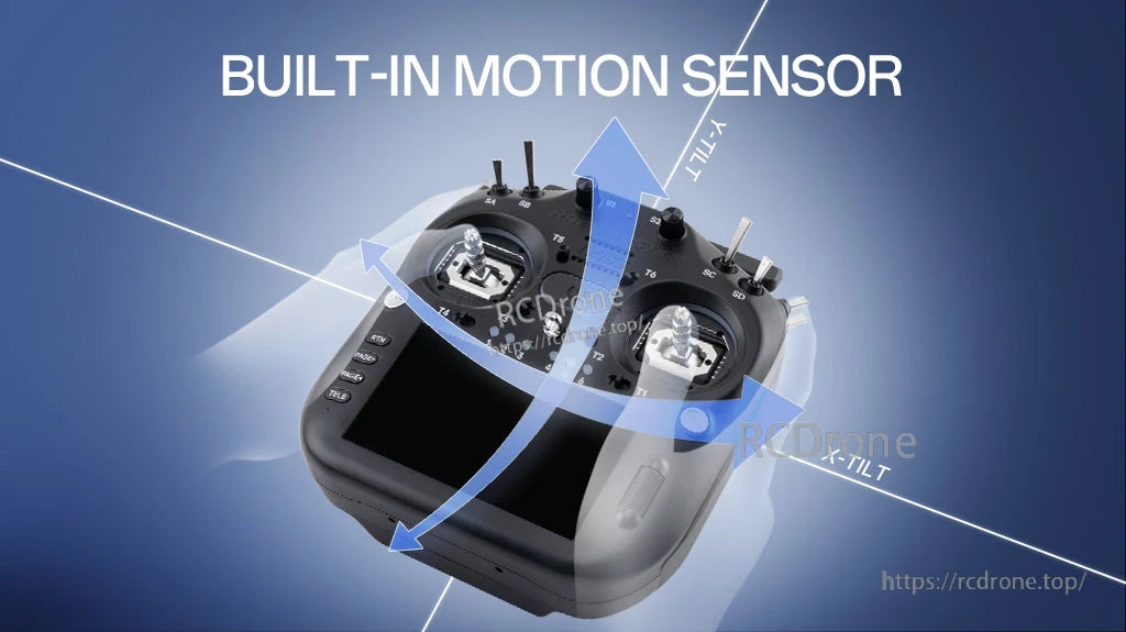 Built-in motion sensor with X-tilt and Y-tilt axes indicated on the TX16S MK3 transmitter