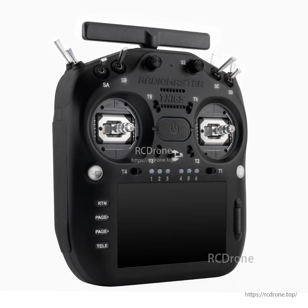 Angled front-left view of TX16S MK3 radio controller with top switches and grips