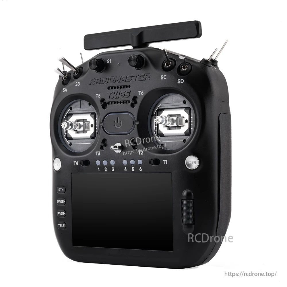 Angled front-right view of TX16S MK3 controller showing gimbals, switches and screen