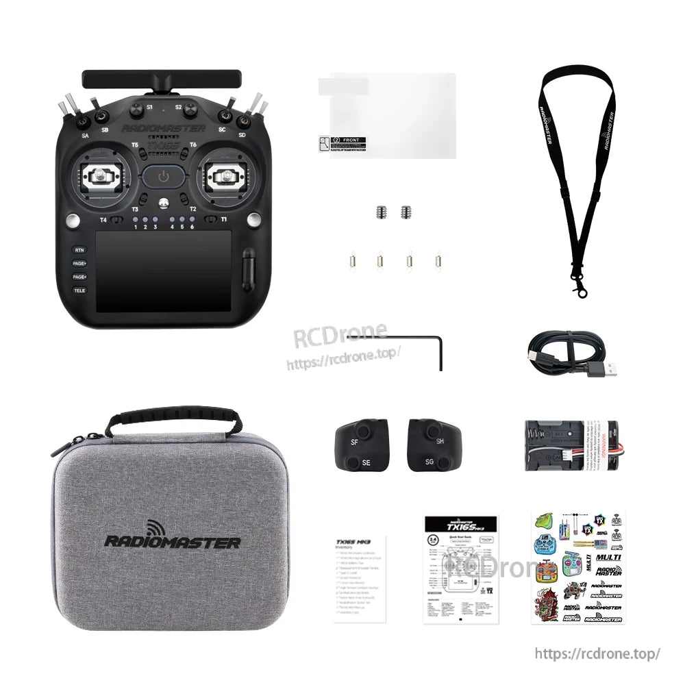 TX16S MK3 package contents: controller, carrying case, lanyard, USB cable, parts and manuals