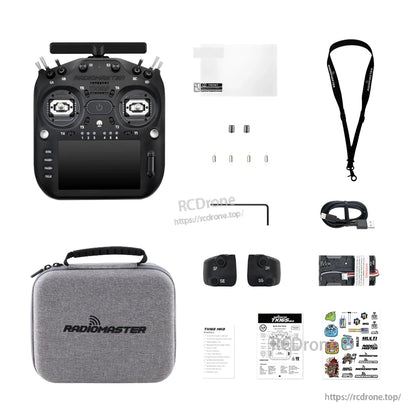 TX16S MK3 package contents: controller, carrying case, lanyard, USB cable, parts and manuals