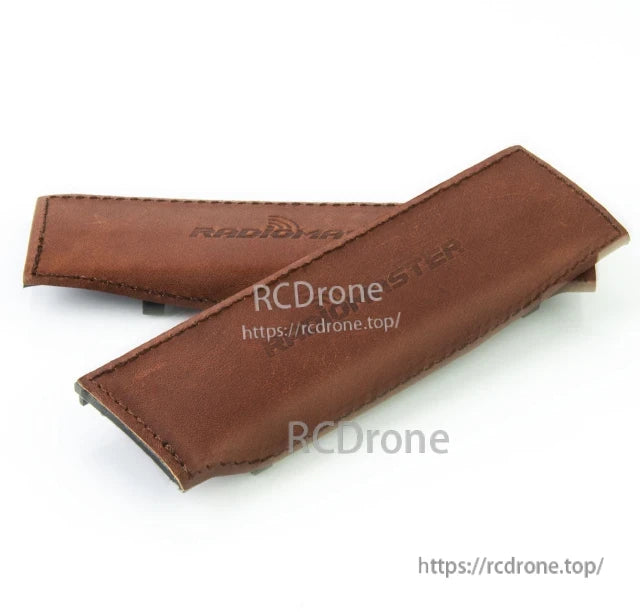 Brown stitched side grip covers for RadioMaster transmitter, pair with embossed RadioMaster logo