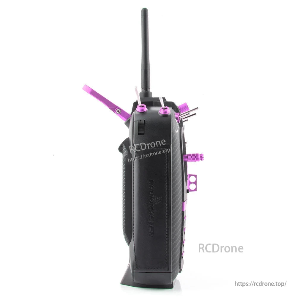 Left side profile of TX16S Mark II Max radio controller showing side grip panel, switches and antenna