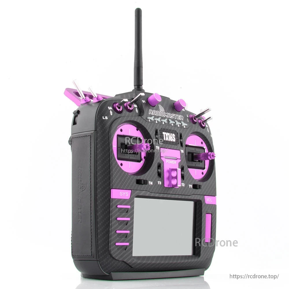 RadioMaster TX16S Mark II Max Joshua Bardwell Edition controller, front-left angle showing side grip and sliders