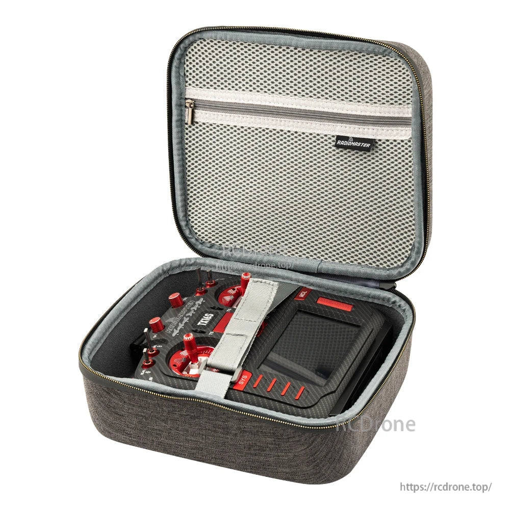 RadioMaster TX16S Radio Carry Case interior with mesh pocket and strap holding RC transmitter