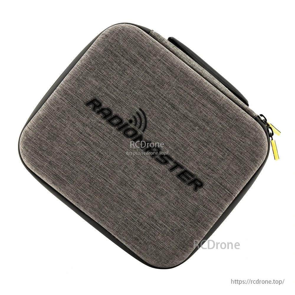 Top-down angled view of grey fabric carry case with raised RadioMaster logo on lid