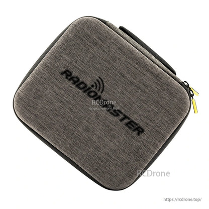 Top-down angled view of grey fabric carry case with raised RadioMaster logo on lid