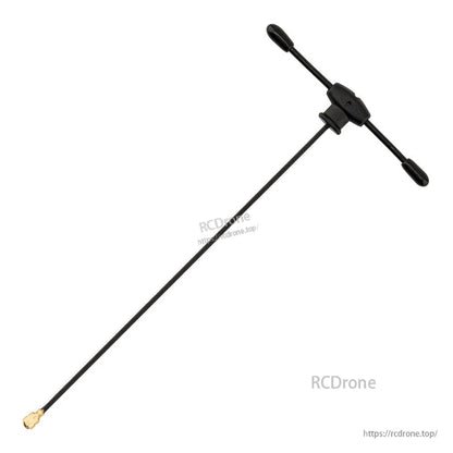 Single T-antenna with long coax lead and gold UFL connector, full length view