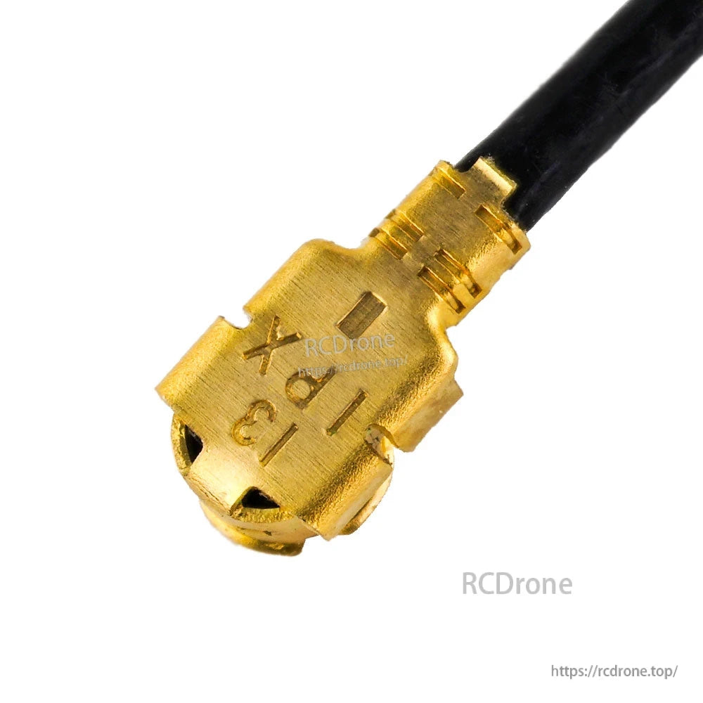 Gold UFL micro coax connector close-up on RadioMaster 2.4GHz antenna lead