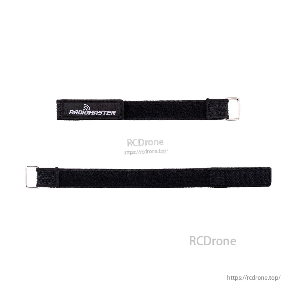 Two black battery straps laid flat showing velcro side and metal ring loop ends, top and bottom view