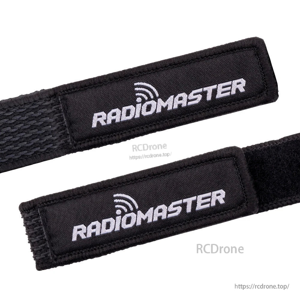 Close-up of RadioMaster logo patch on battery strap with stitched edges and velcro fastening surface