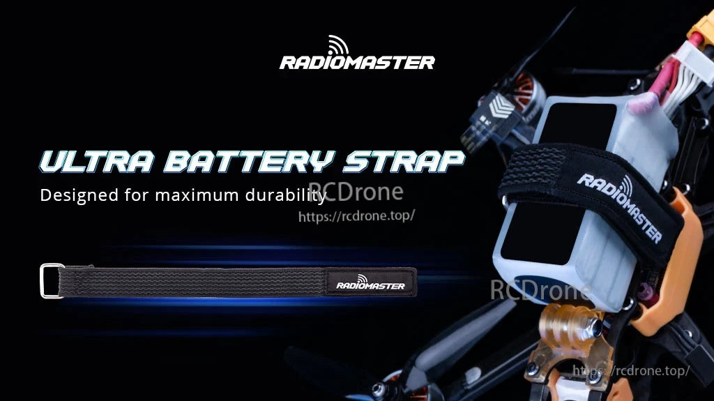 RadioMaster Ultra Battery Strap installed on an RC build, black strap with metal ring and non-slip weave