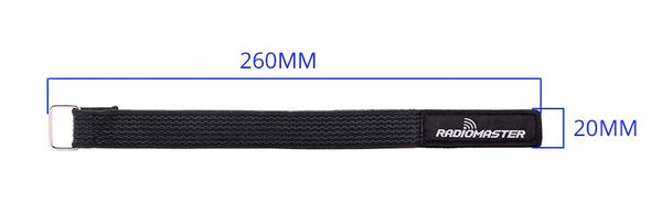 RadioMaster battery strap dimensions diagram: 260 mm length and 20 mm width with metal ring on one end