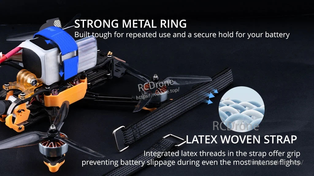 Close-up of strong metal ring and latex-woven nylon strap texture for improved grip against battery slippage