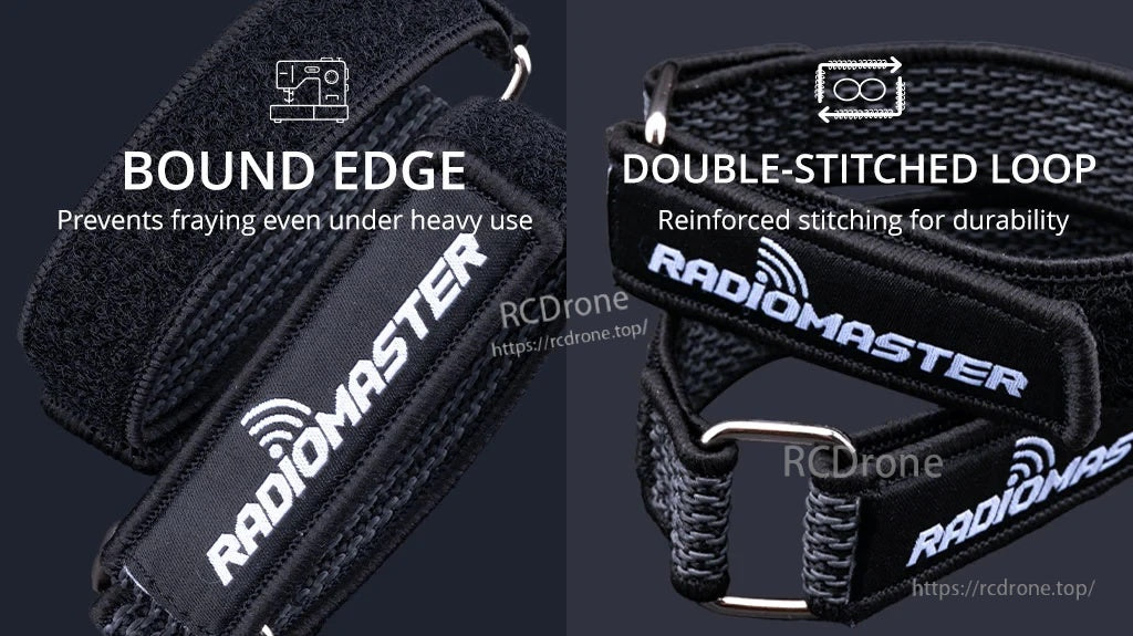 Detail of bound edge and double-stitched loop on black RadioMaster strap, reinforced to resist fraying and wear