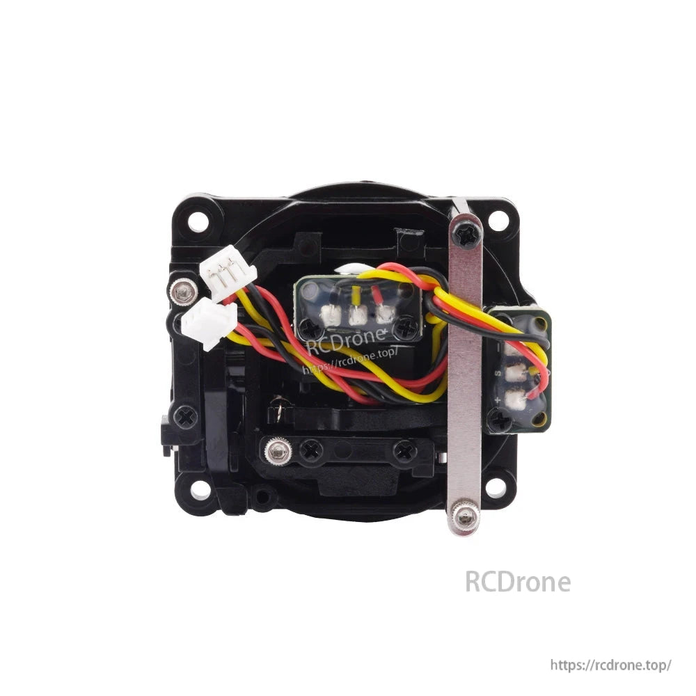 Rear view of gimbal showing Hall sensor boards, wiring harness, and white connector plugs