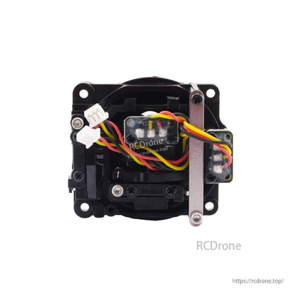 Rear view of gimbal showing Hall sensor boards, wiring harness, and white connector plugs