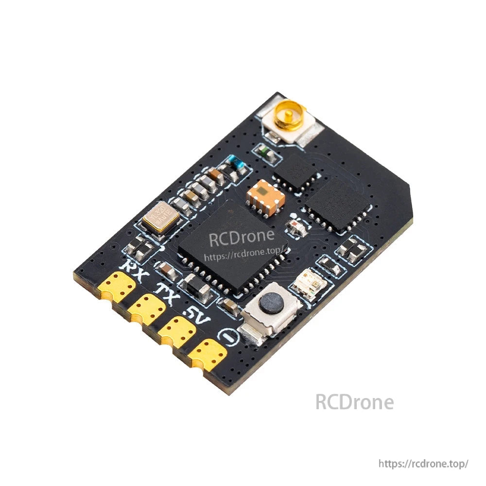Angled view of XR1 Nano multi-frequency ExpressLRS receiver PCB with solder pads and onboard button
