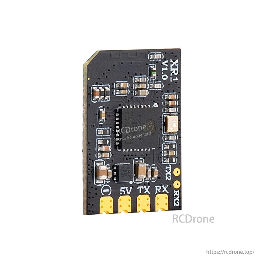 Angled rear view of XR1 Nano receiver PCB with 5V TX RX pads and test points visible