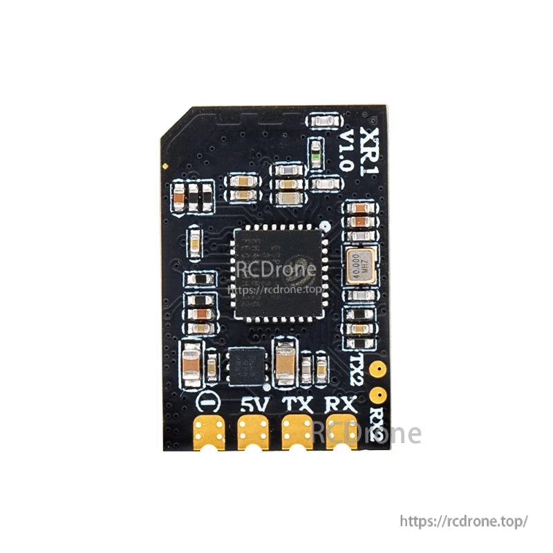 Back side of XR1 Nano receiver PCB showing component layout and 5V TX RX solder pad labels