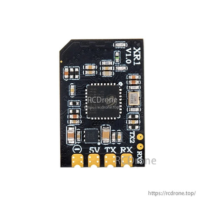 Back side of XR1 Nano receiver PCB showing component layout and 5V TX RX solder pad labels