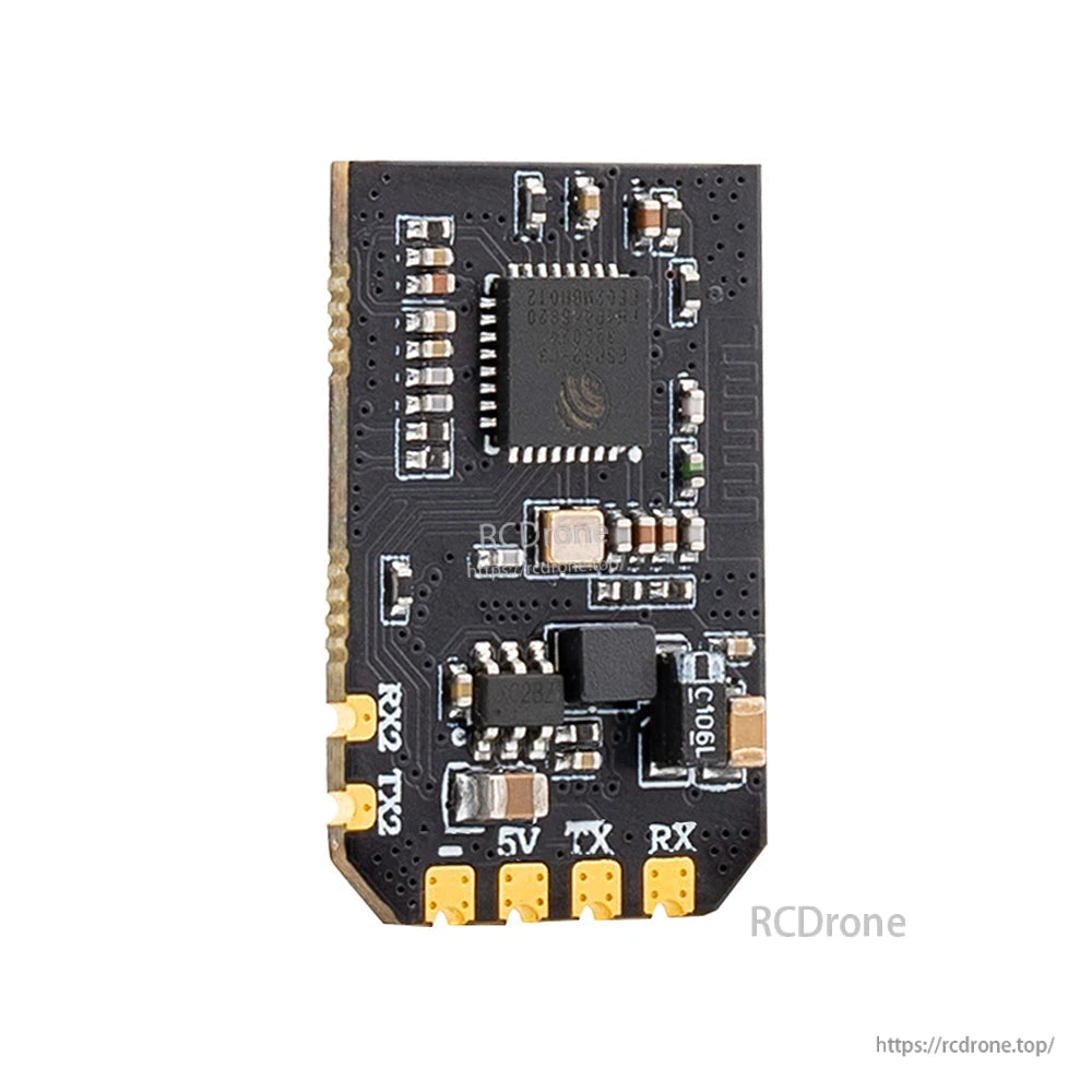Full back view of receiver board with vertical orientation and 5V TX RX solder pad labels