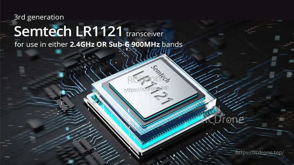 Semtech LR1121 3rd-gen transceiver graphic for XR3 multi-band ExpressLRS receiver (2.4GHz and Sub-G 900MHz)