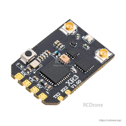 Angled view of XR3 receiver board showing dual u.FL ports and edge solder pads