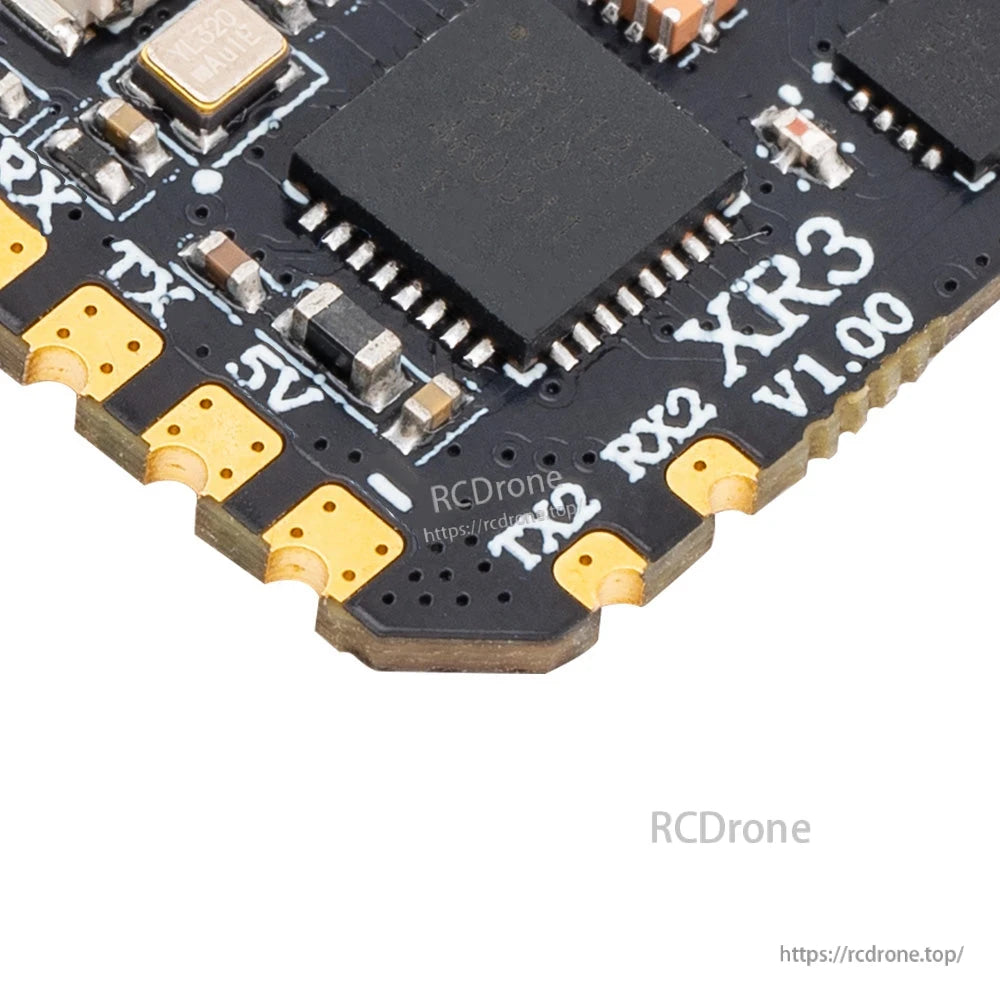 Close-up of XR3 V1.00 corner showing gold edge solder pads and PCB markings